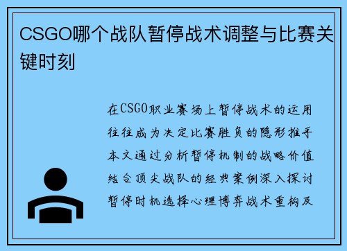 CSGO哪个战队暂停战术调整与比赛关键时刻